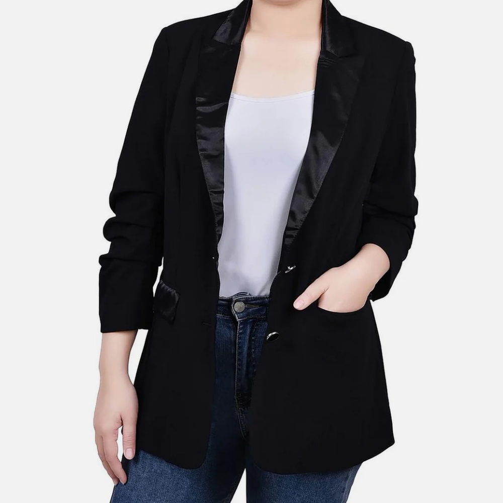 NY Collection Black blazer ruched sleeves, size medium Rayon NWT